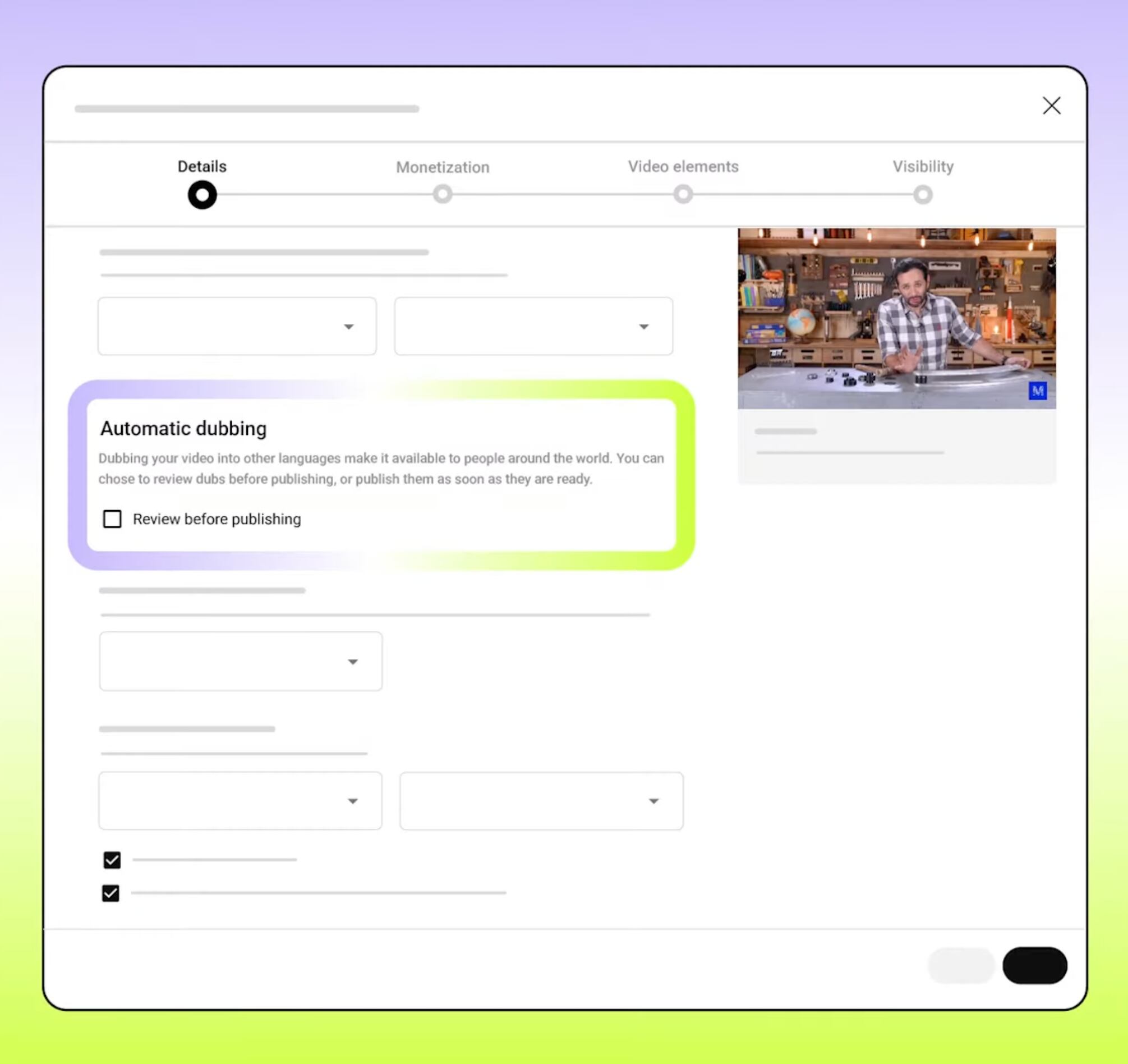 Pantalla de configuración de la herramienta de doblaje automático de YouTube, mostrando opciones de revisión antes de publicar traducciones generadas por inteligencia artificial.