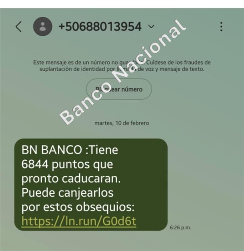 Mensaje de texto fraudulento que suplanta al Banco Nacional y advierte falsamente sobre “puntos por caducar” para dirigir a las personas usuarias a un enlace malicioso.