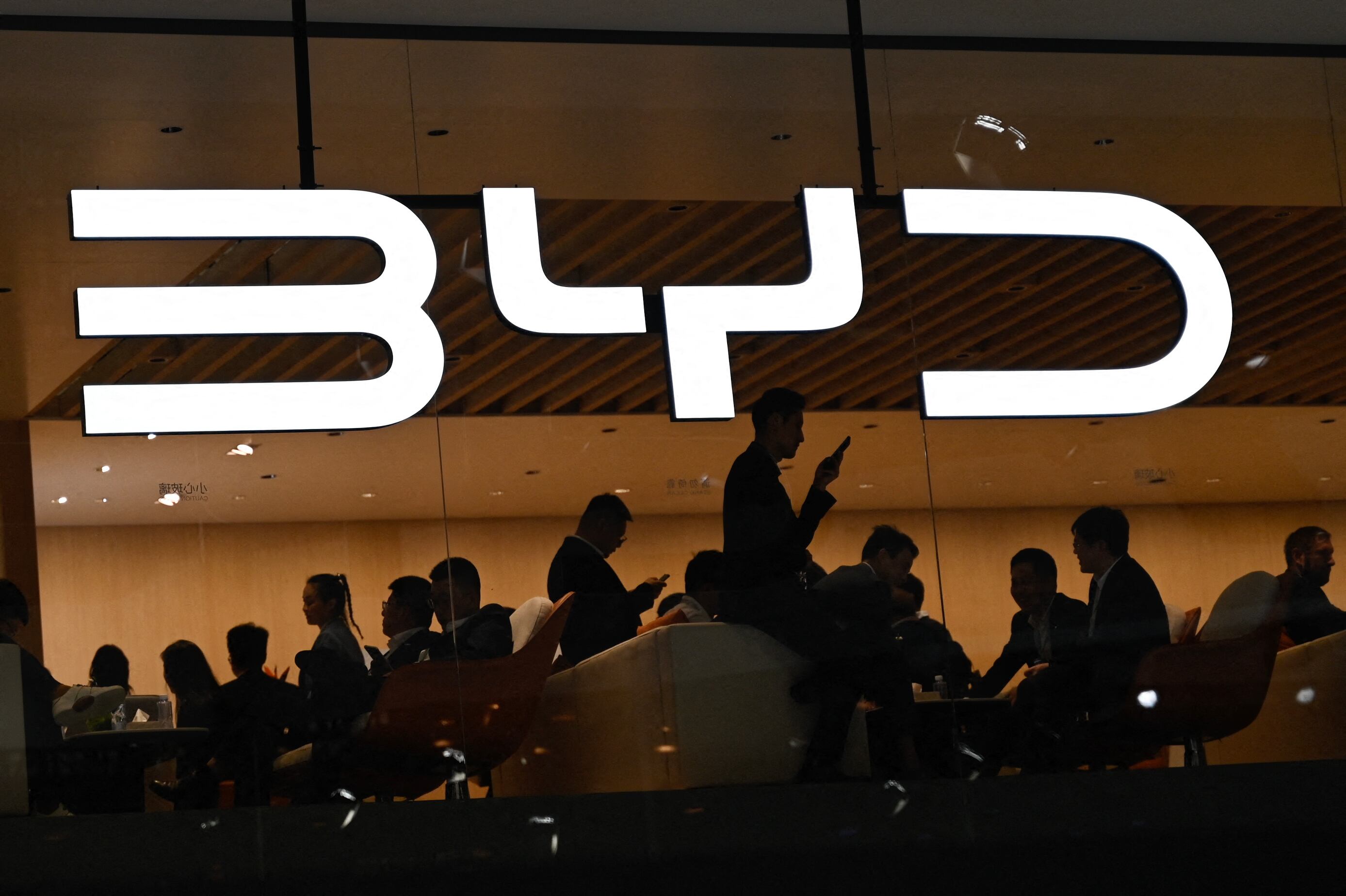 (FILES) The BYD logo is displayed at the Beijing Auto Show on April 25, 2024. Chinese electric vehicle giant BYD reported surging sales on October 30, 2024, surpassing global rival Tesla in quarterly revenue for the first time ever as its push into overseas markets advances. (Photo by PEDRO PARDO / AFP)
