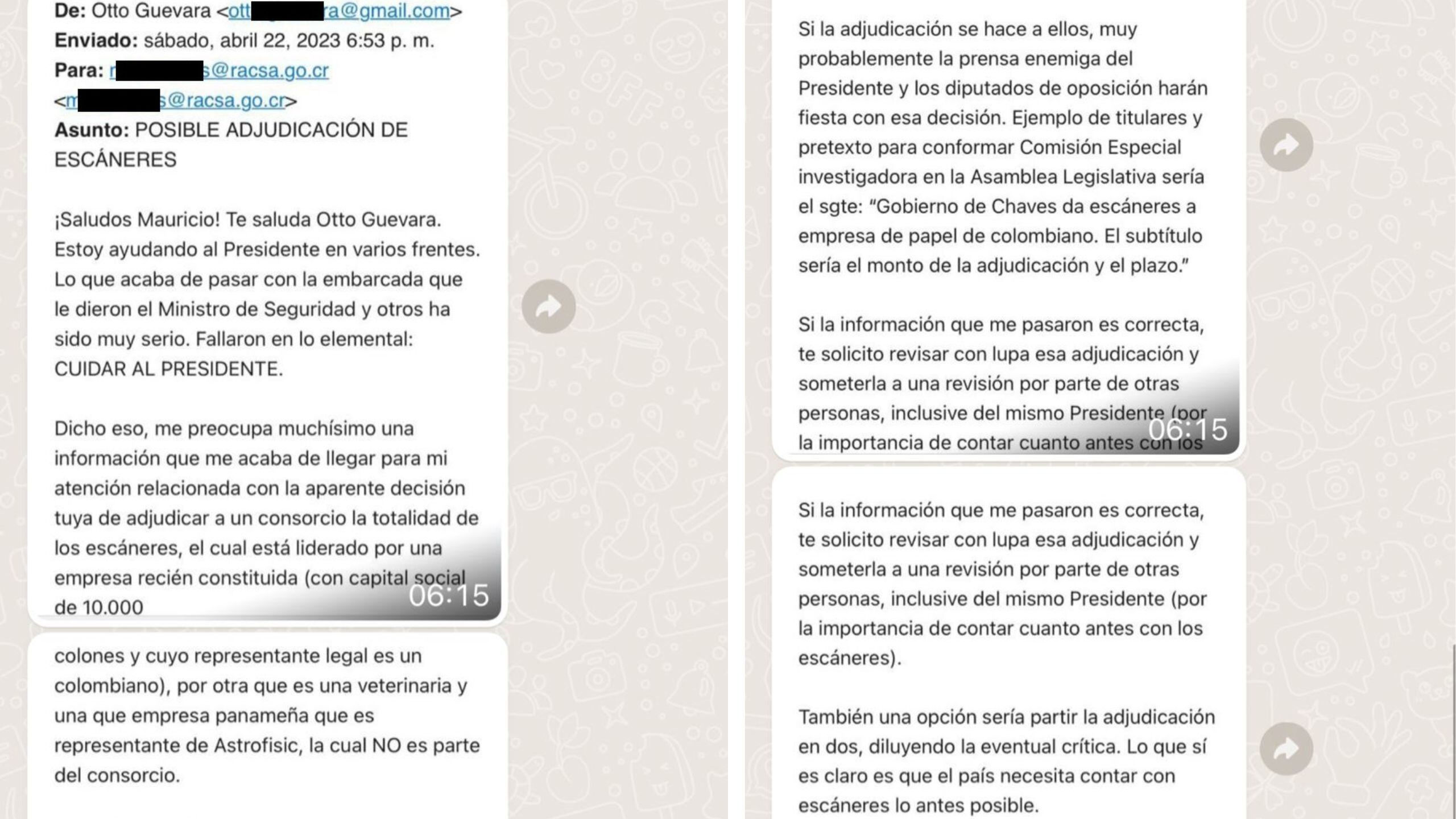 Capturas de pantalla del correo enviado por el exdiputado Otto Guevara al gerente general de Racsa, Mauricio Barrantes, el 22 de abril pasado.