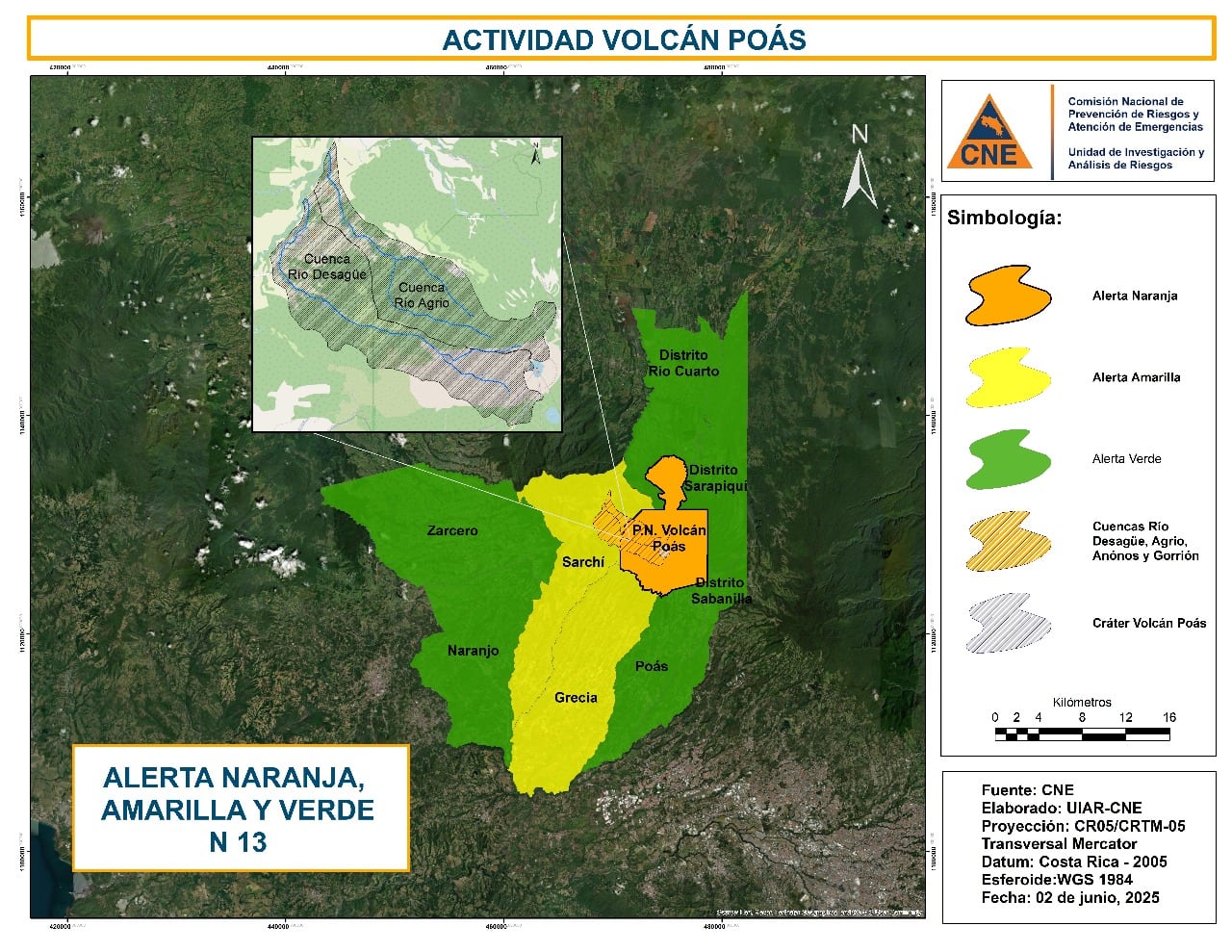 Así quedaron las alertas en las zonas cercanas del volcán Poás