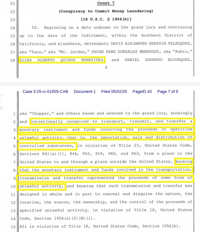 Extracto de la acusación en la que se señala al costarricense Elías Alberto Quirós Benavides