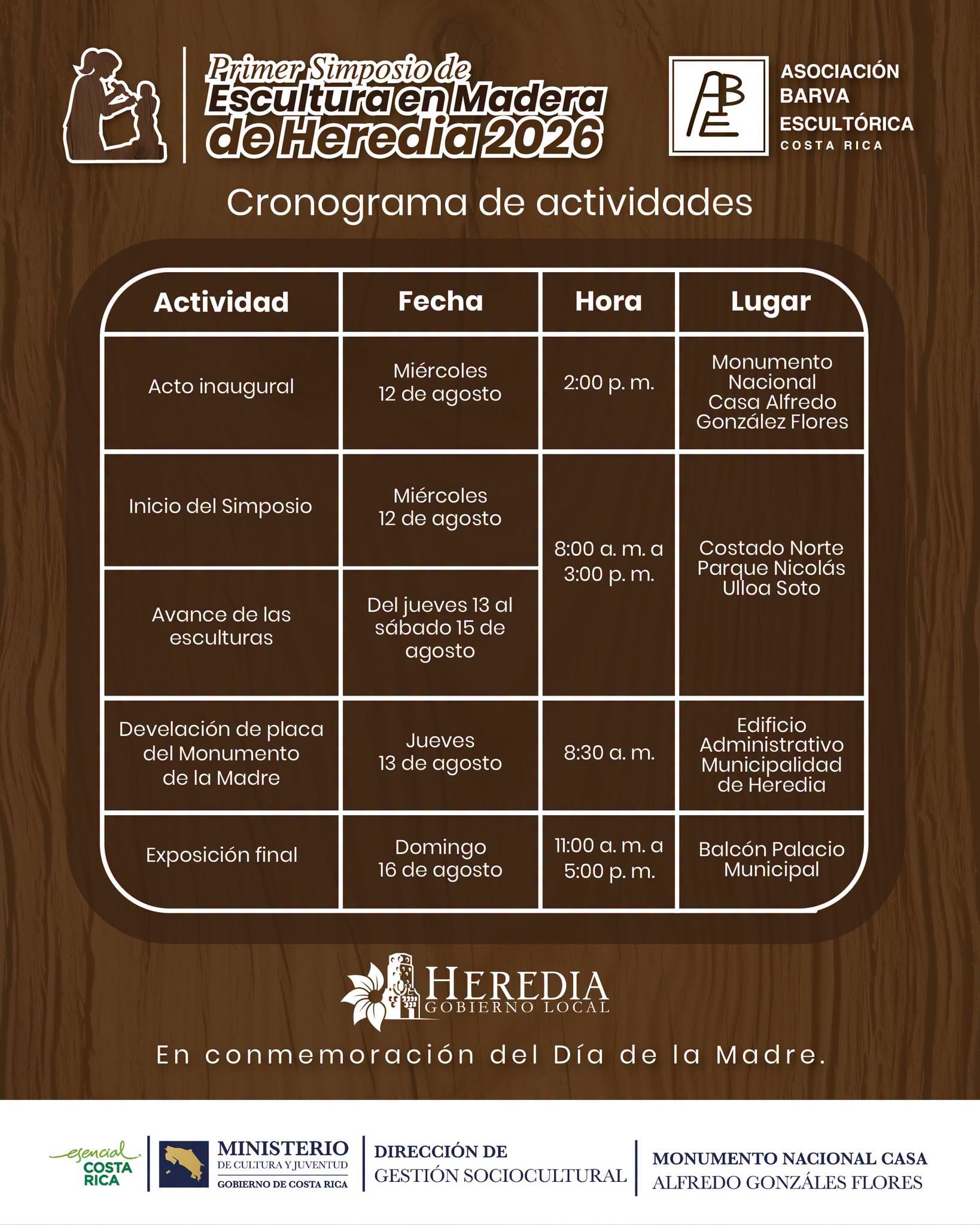 Agenda del I Simposio de Escultura en Madera de la Asociación Barva Escultórica, a celebrarse en agosto de 2026.