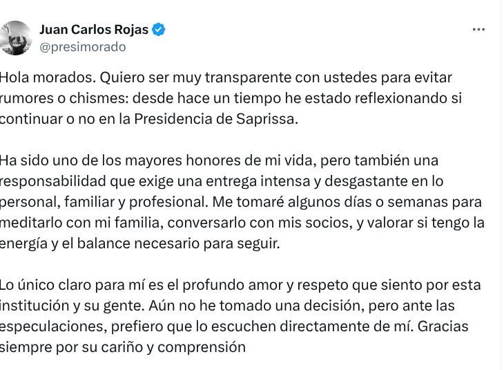 Juan Carlos Rojas analiza dejar la presidencia del club