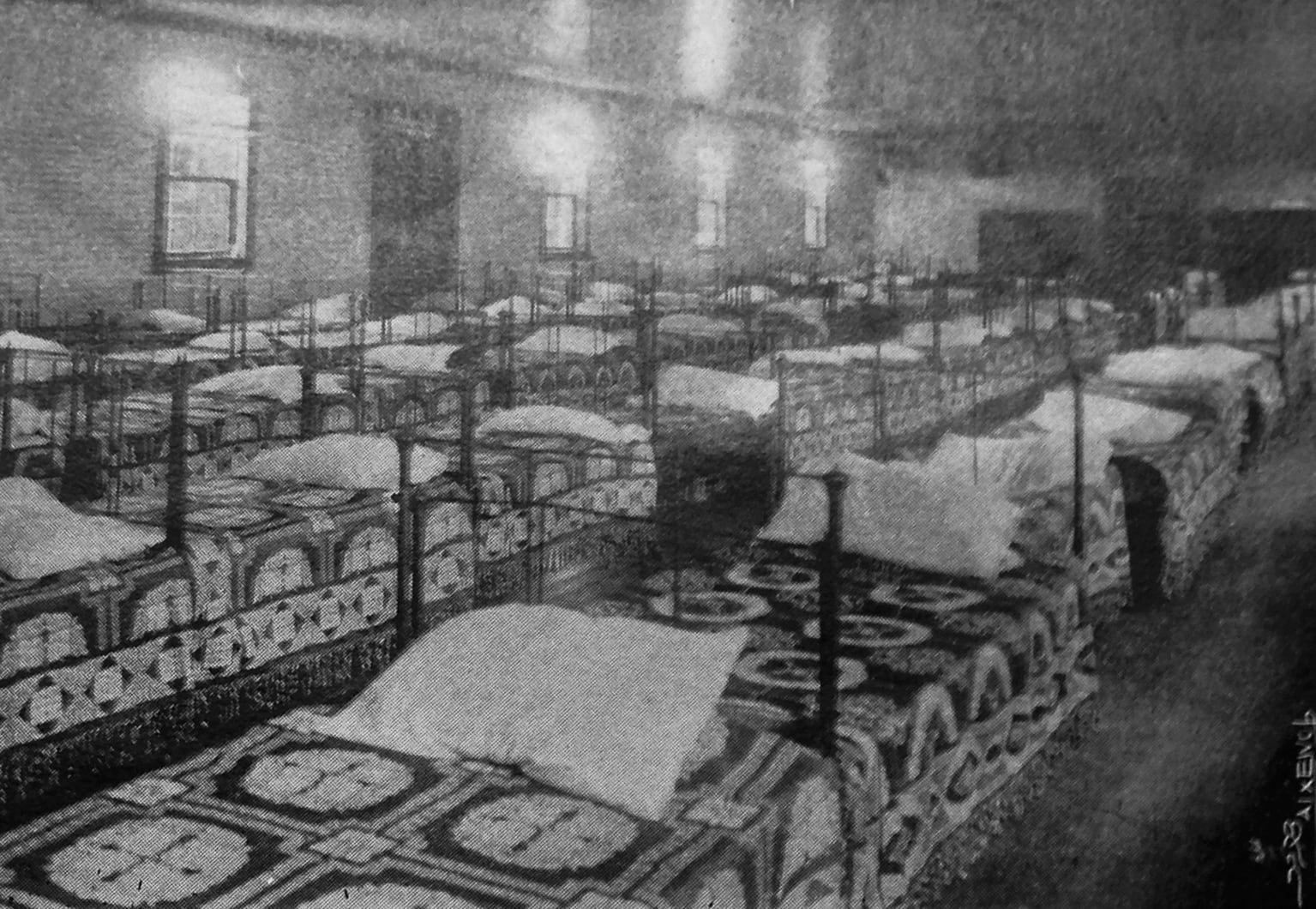 Dormitorio de la sección de niños del Hospicio de Huérfanos de San José, hacia 1915.