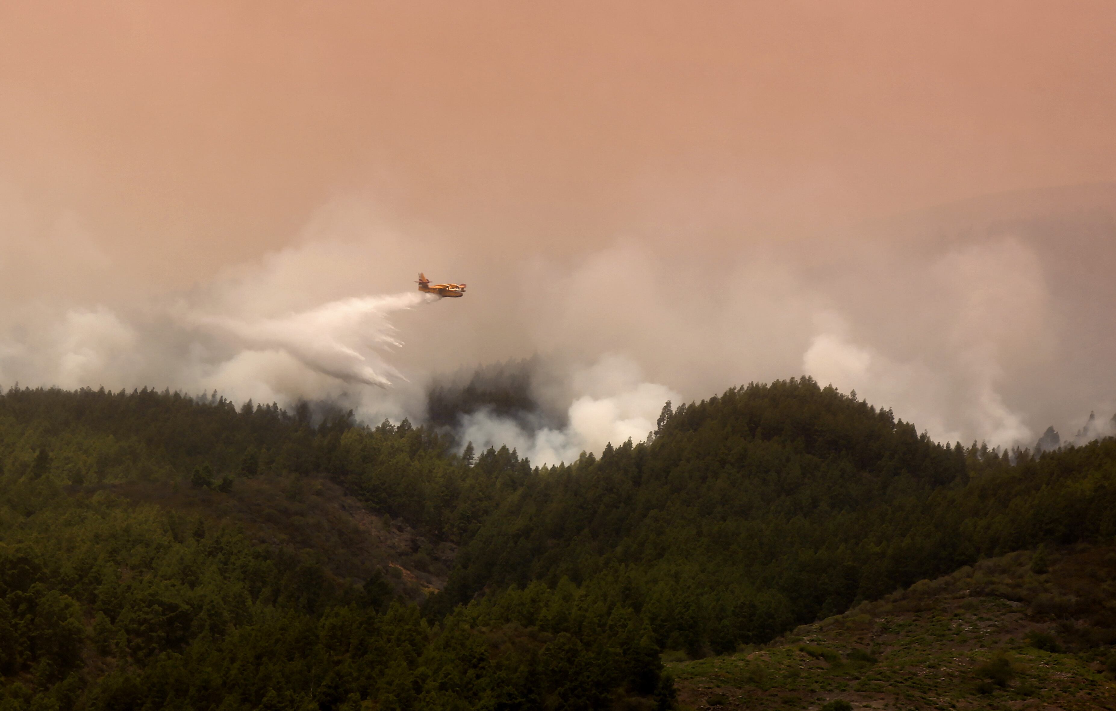 Un avión de Canadair sobrevuela la zona de Pico Cho Marcial en Arafo para arrojar agua sobre un enorme incendio forestal que arrasa las zonas boscosas que rodean el parque natural del volcán Teide, en la isla canaria de Tenerife.