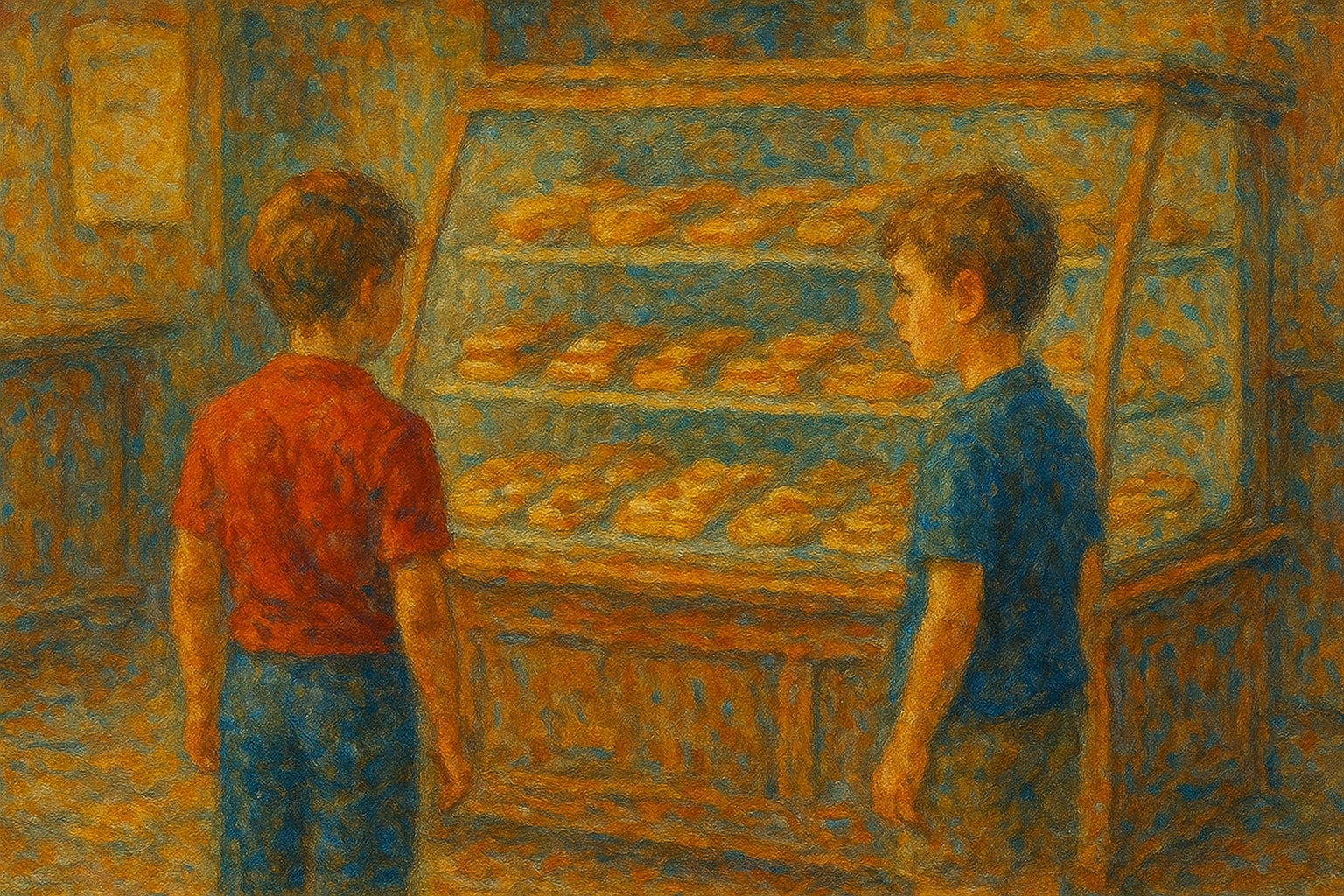 Dos niños frente a urna de panadería antigua llena de piezas de repostería