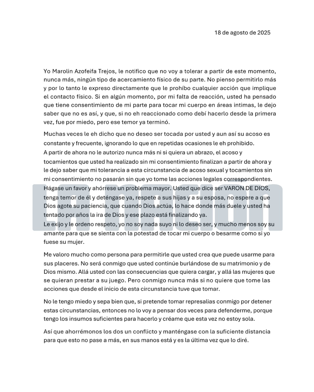 Advertencia enviada por Marulin Azofeifa a Fabricio Alvarado