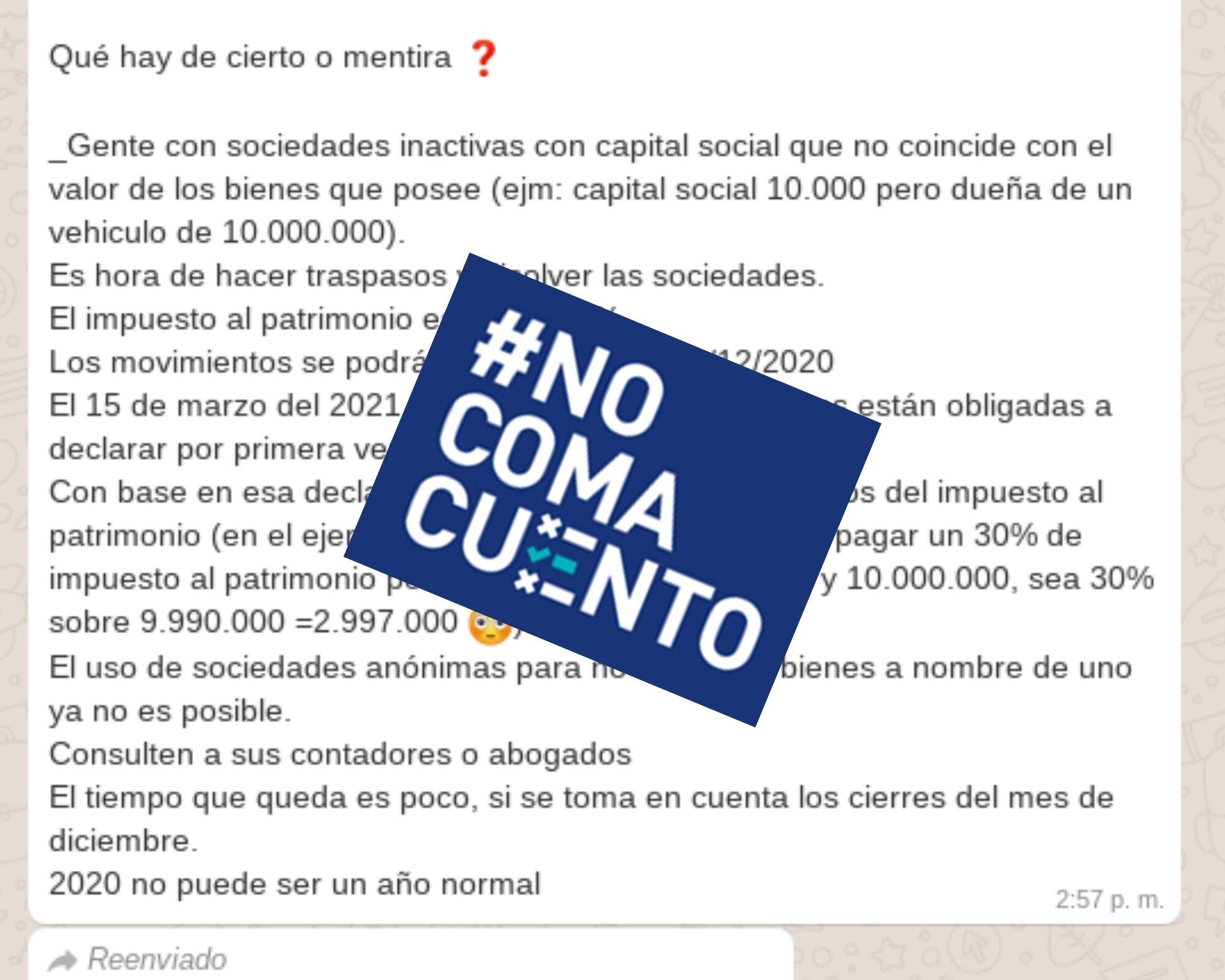 Un mensaje difundido en redes sociales afirma que las sociedades inactivas cuyo capital social no coincida con el de su patrimonio, deberán pagar un tributo del 30% sobre este último. Hacienda lo desmiente.