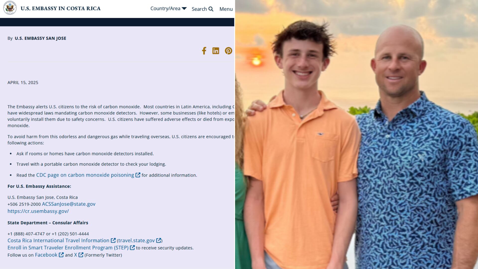 Miller Gardner (segundo desde la derecha), hijo del exjugador de los Yankees de Nueva York, Brett Gardner (derecha), fue hallado sin vida en un hotel de Manuel Antonio. La Embajada de EE. UU. emitió una alerta sanitaria por riesgo de intoxicación por monóxido de carbono.