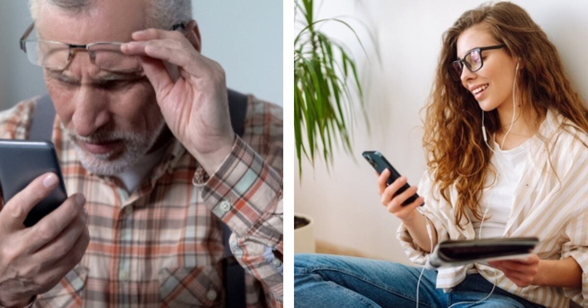 Persona mayor ajustando sus gafas mientras observa su teléfono inteligente, junto a una joven usando su dispositivo móvil con facilidad.