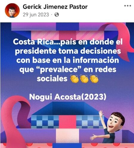 La imagen corresponde a una de las publicaciones de Gerick Jiménez Pastor, asesor de Marta Esquivel, presidenta ejecutiva de CCSS, en la que pide la renuncia de Nogui Acosta, ministro de Hacienda.