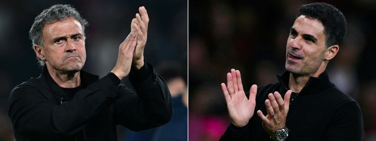 (COMBO) This combination of pictures created on May 27, 2026 shows Paris Saint-Germain's Spanish headcoach Luis Enrique (L) applauding the fans at the end of the UEFA Champions League semi-final second leg football match between Paris Saint-Germain (PSG) and Borussia Dortmund, at the Parc des Princes stadium in Paris on May 7, 2024, and Arsenal's Spanish manager Mikel Arteta applauding the fans following the English Premier League football match between Arsenal and Burnley at the Emirates Stadium in London on May 18, 2026. Paris Saint-Germain (PSG) face Arsenal in the UEFA Champions League final football match on Maz 30, 2026 in Budapest. (Photo by MIGUEL MEDINA and Glyn KIRK / AFP)