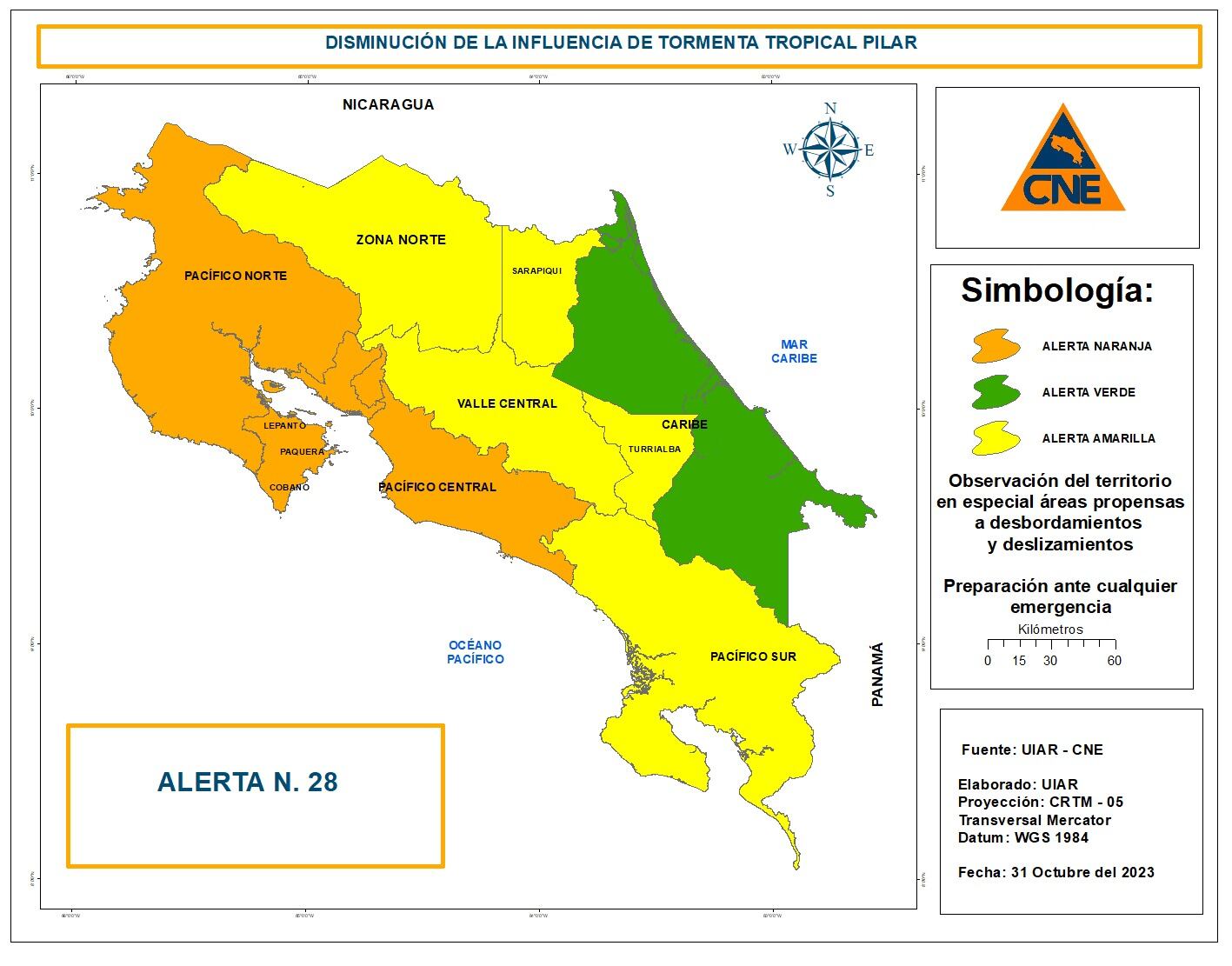 Este martes los puntos de alerta más elevada son Guanacaste y el Pacífico central. La CNE se mantiene alerta ante cambios en los próximos días por una nueva amenaza,ahora en el Caribe. Imagen: CNE.