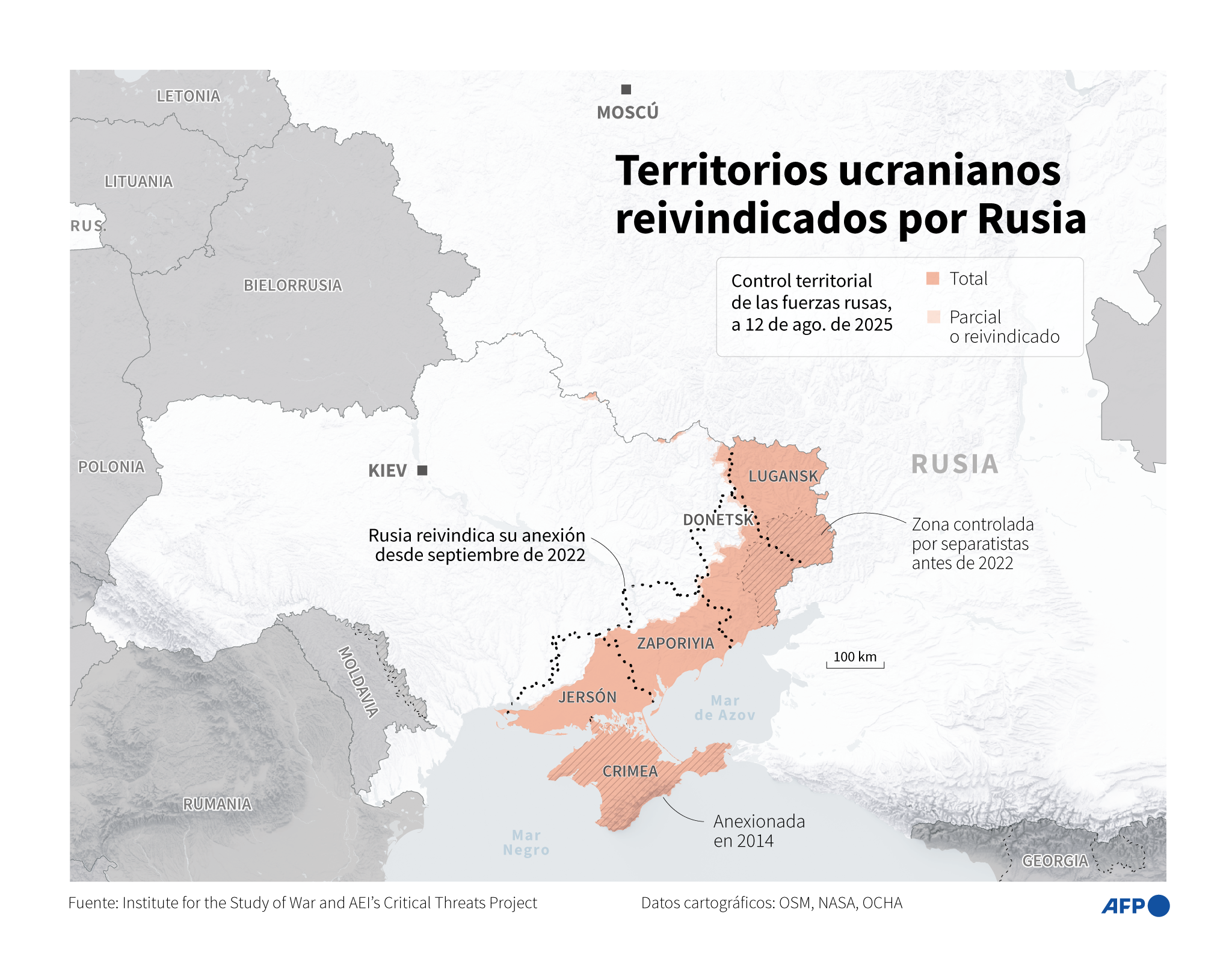 Mapa de Ucrania localizando los territorios reivindicados por Rusia en el país (Donetsk, Lugansk, Zaporiyia y Jersón) y Crimea (anexada en 2014), así como el avance de las tropas rusas, según datos del Instituto para el Estudio de la Guerra (ISW) y AEI's Critical Threats Project al 12 de agosto DE 2025 / AFP / Jean-Michel CORNU