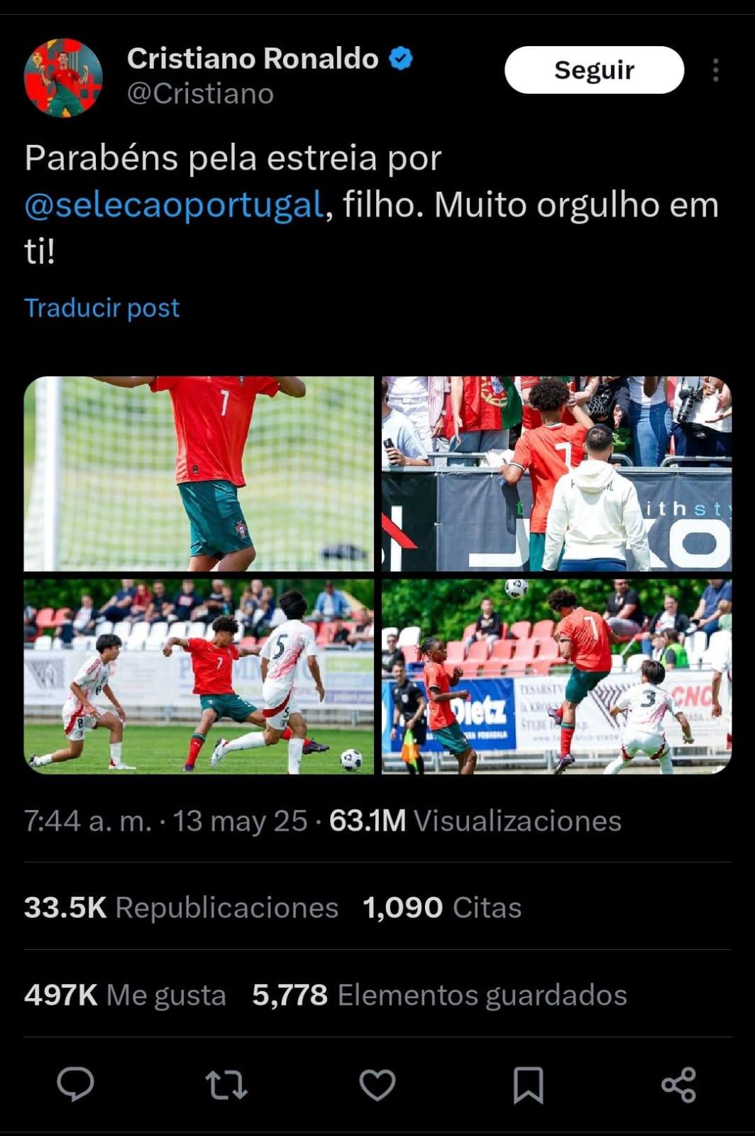 Cristiano Ronaldo, publicó un post en su cuenta de X con los goles de su hijo y escribió