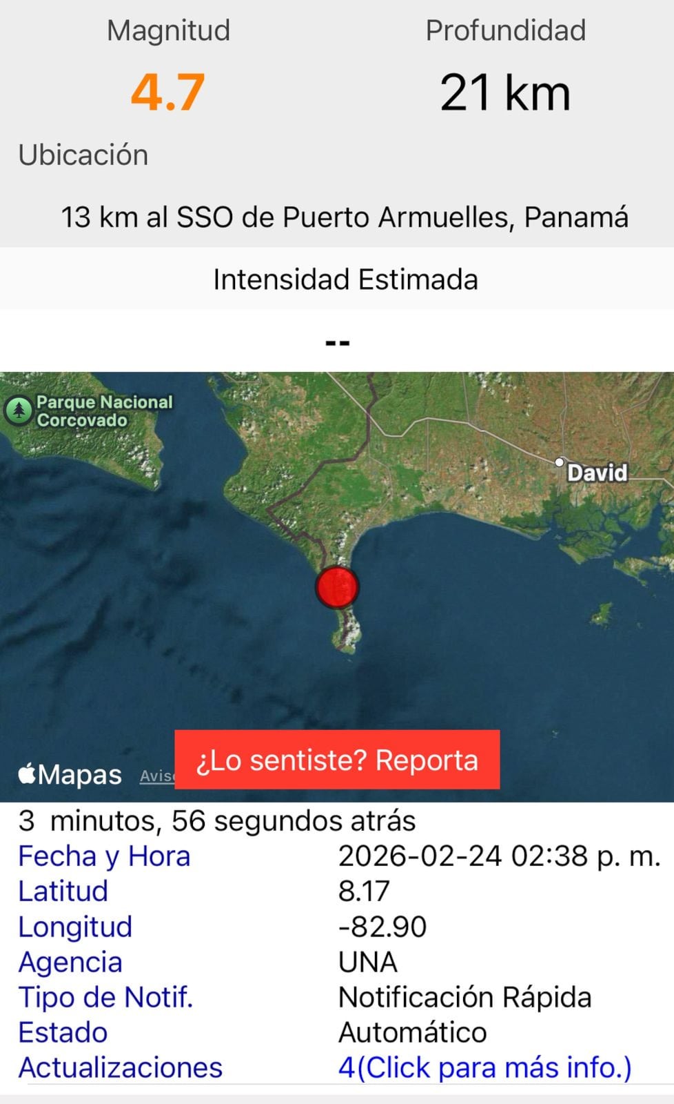 Un sismo de magnitud 4,7 se registró esta tarde en Panamá, cerca de la frontera con Costa Rica.