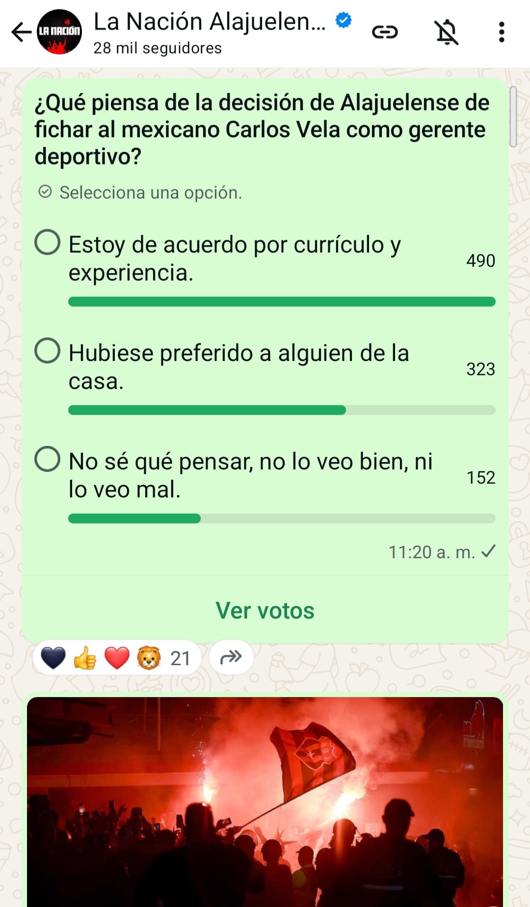 Así marchaba la consulta planteada en el canal de WhatsApp La Nación Alajuelense a la hora de publicación de este artículo.