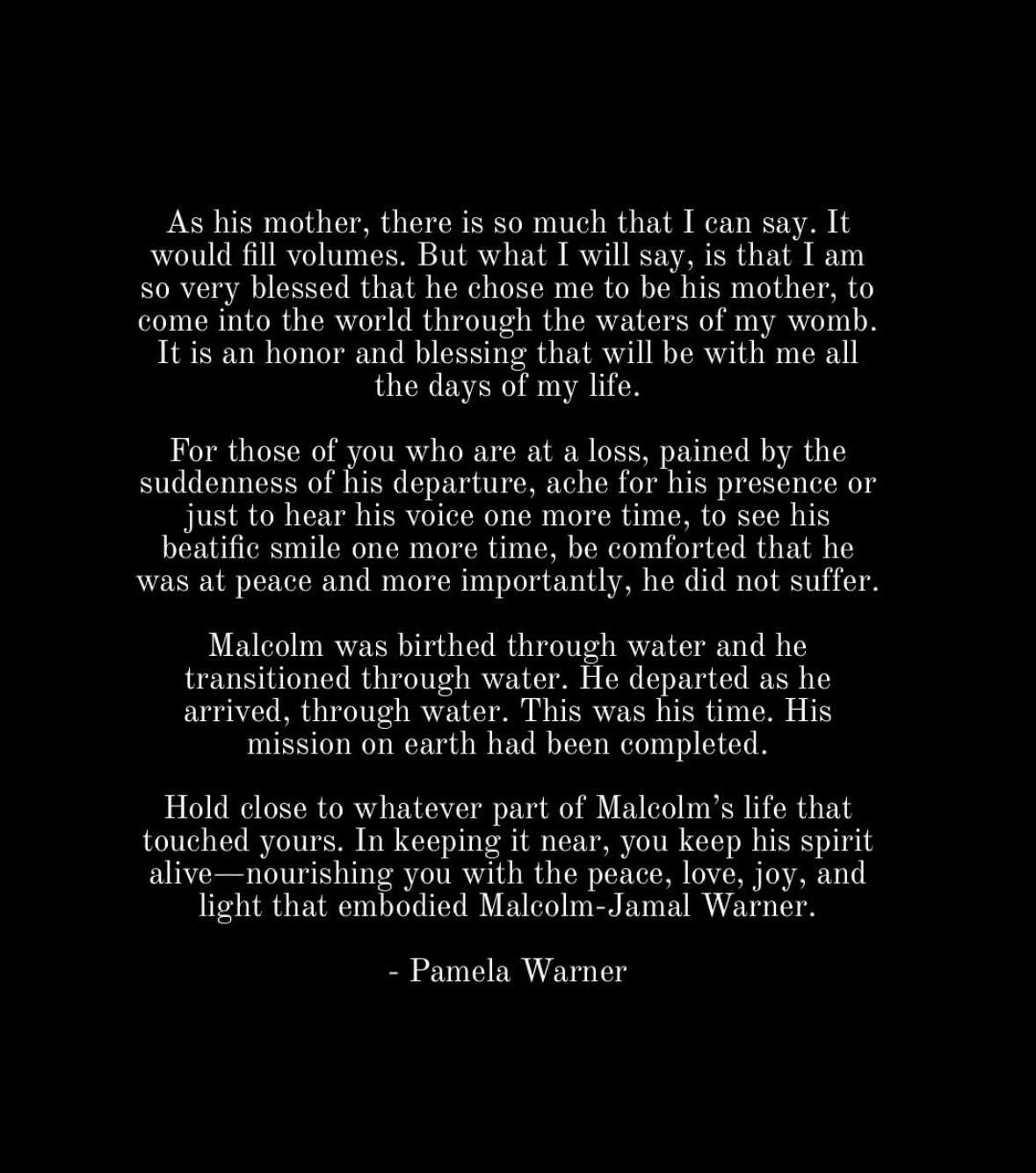Mensaje de la madre de Malcolm-Jamal Warner, Pamela Warner.
