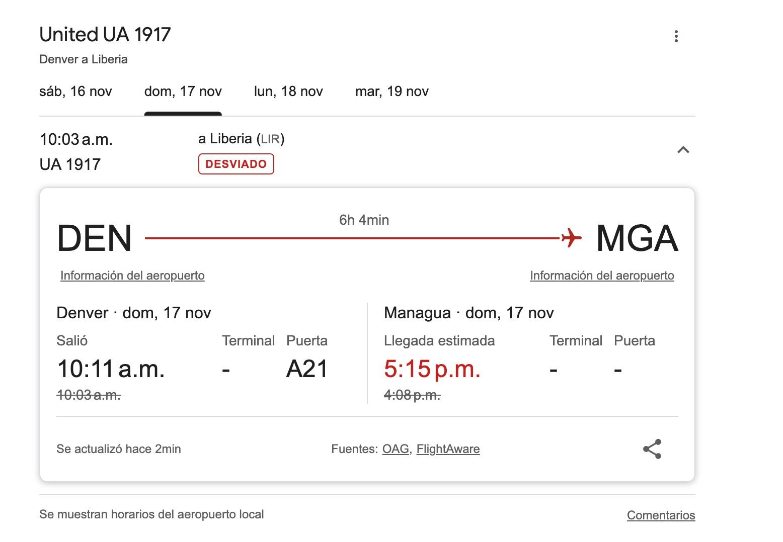Detalle del vuelo de Denver (EE. UU.) a Liberia que al final debió aterrizar en Managua. Fotografía: Cortesía.