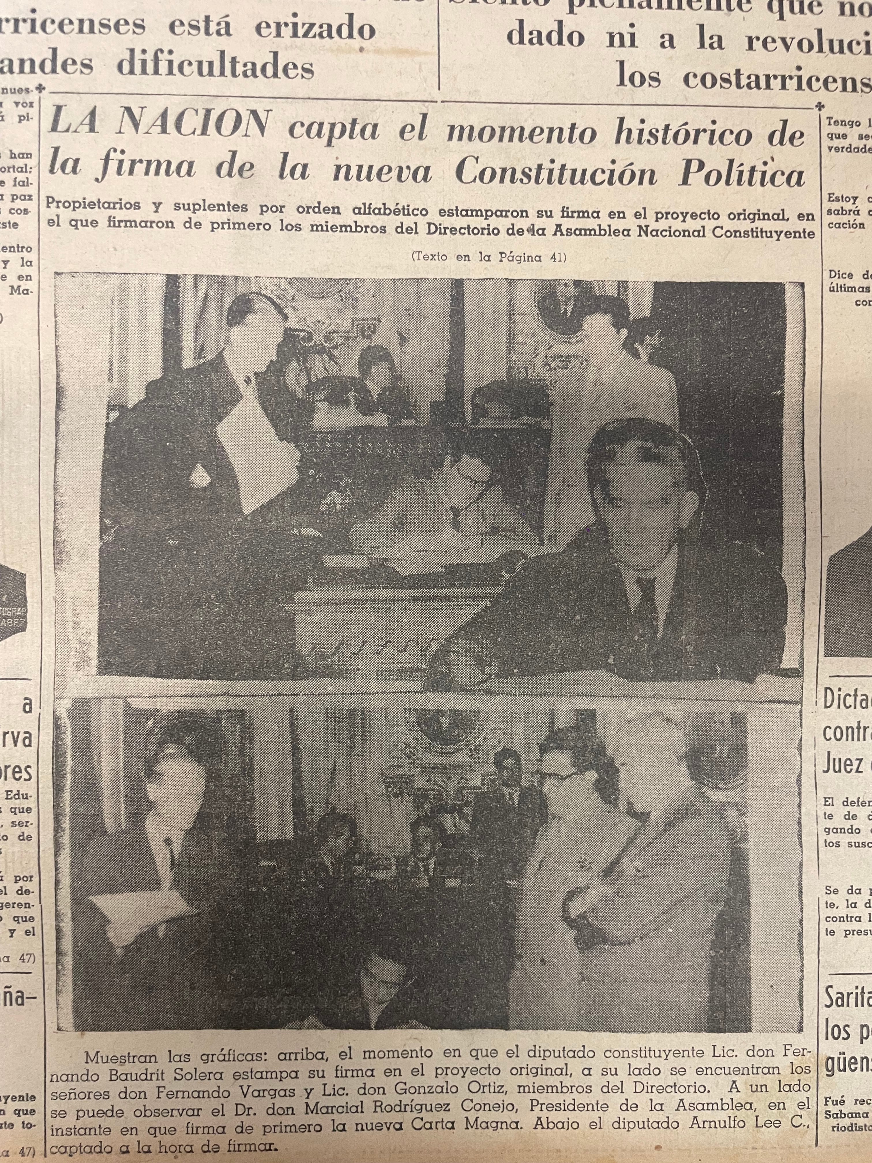 Frima de la Constitución Política de 1949 en Costa Rica, capturada por 'La Nación'.