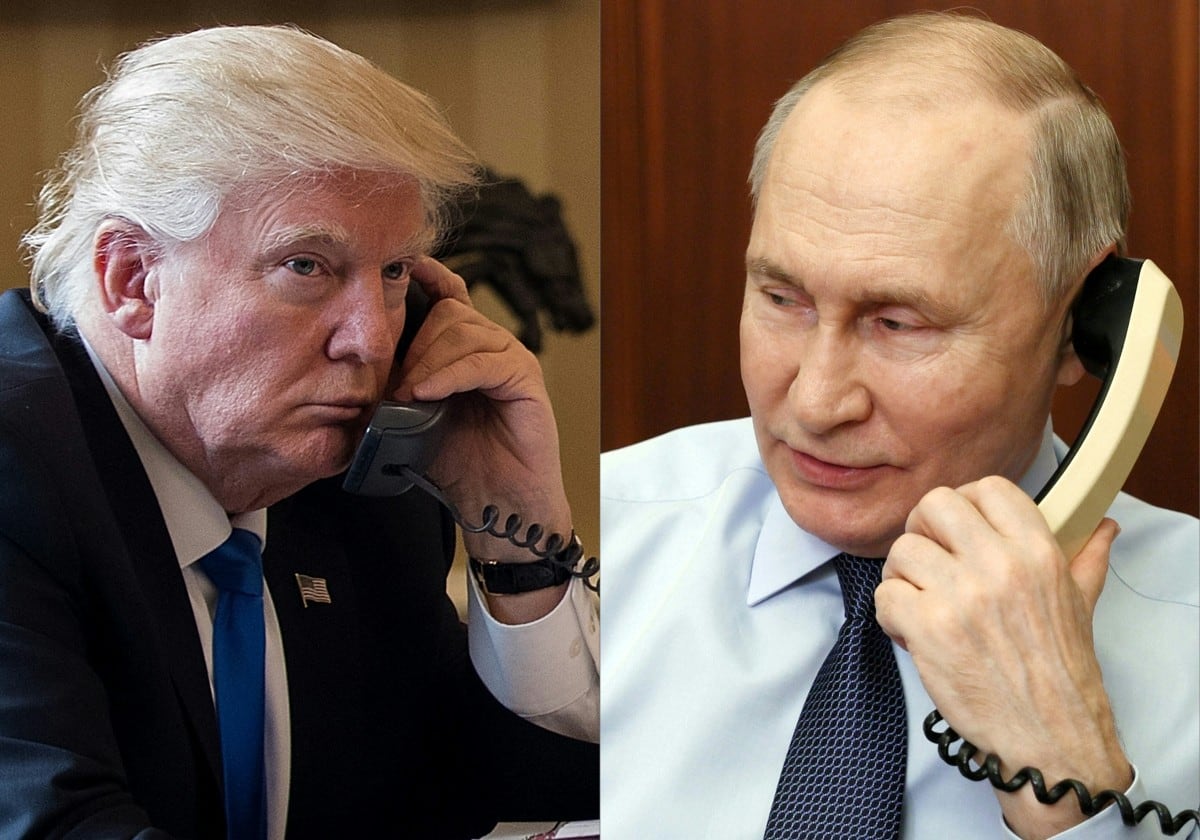 (COMBO) Esta combinación de imágenes creada el 19 de mayo de 2025 muestra al presidente Donald Trump (izquierda) hablando por teléfono el 28 de enero de 2017 en Washington, y al presidente de Rusia, Vladimir Putin (derecha), hablando por teléfono en Moscú el 27 de diciembre de 2023. El presidente de Estados Unidos, Donald Trump, sostendrá una llamada telefónica con el ruso Vladimir Putin el 19 de mayo de 2025 como parte de su prolongado esfuerzo por poner fin a la guerra iniciada por la invasión de Ucrania por parte de Moscú en 2022. (Foto de Drew ANGERER y Gavriil GRIGOROV / diversas fuentes / AFP)