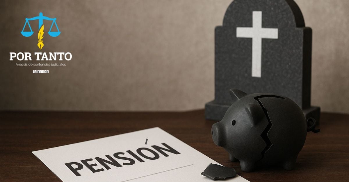 En la imagen, una hoja que dice "pensión", junto con una alcancía rota y una lápida