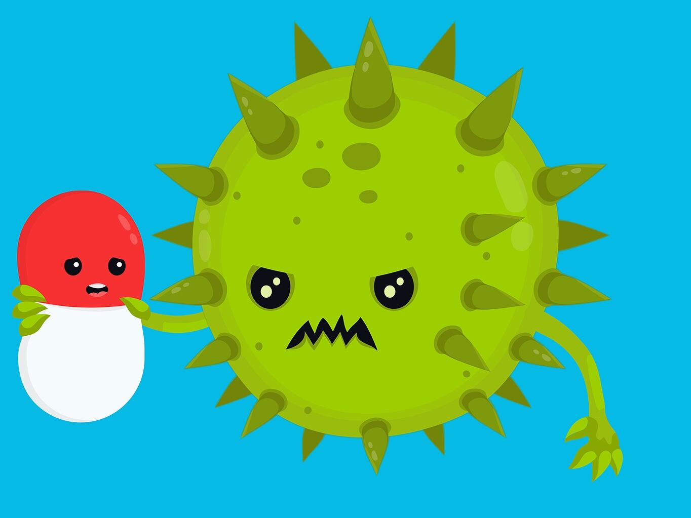 Una bacteria toma en sus manos un medicamento para demostrar que es más fuerte que él. El medicamento se muestra preocupado.