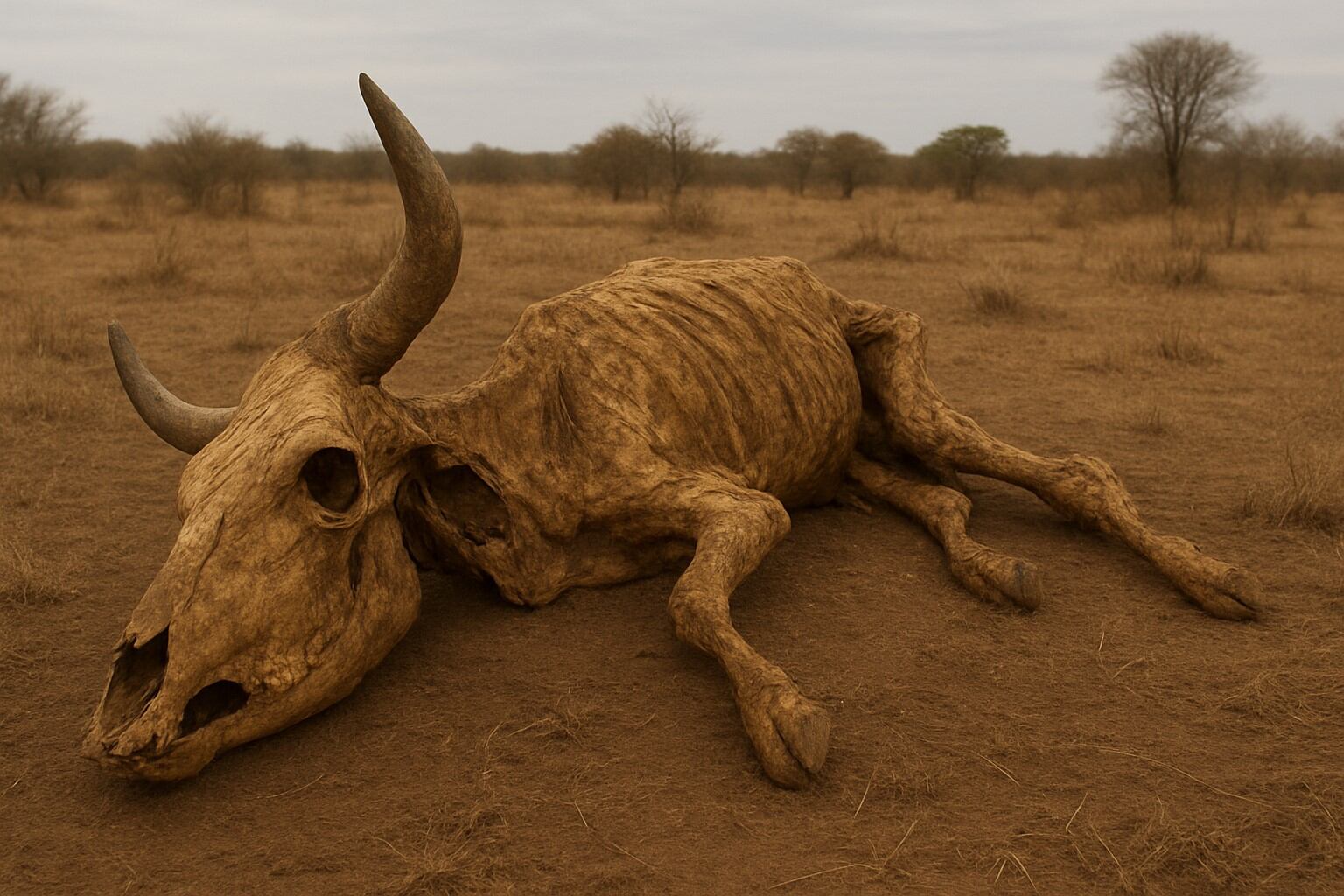 Esqueleto de res en medio de paraje desierto y reseco