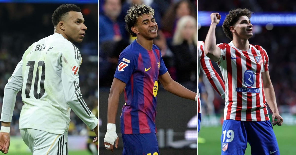 Kylian Mbappé del Real Madrid Lamine Yamal del Barcelona, y Julián Álvarez del Atlético de Madrid son tres de las estrellas de la Liga Española que vuelve este fin de semana.