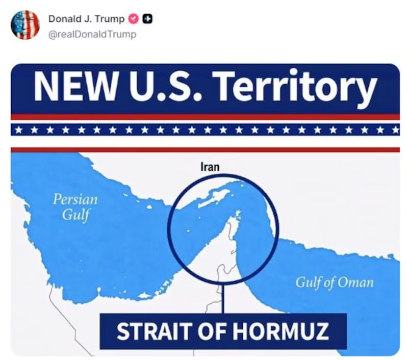 Imagen publicada en Truth Social por Donald Trump donde califica el estrecho de Ormuz como territorio estadounidense.