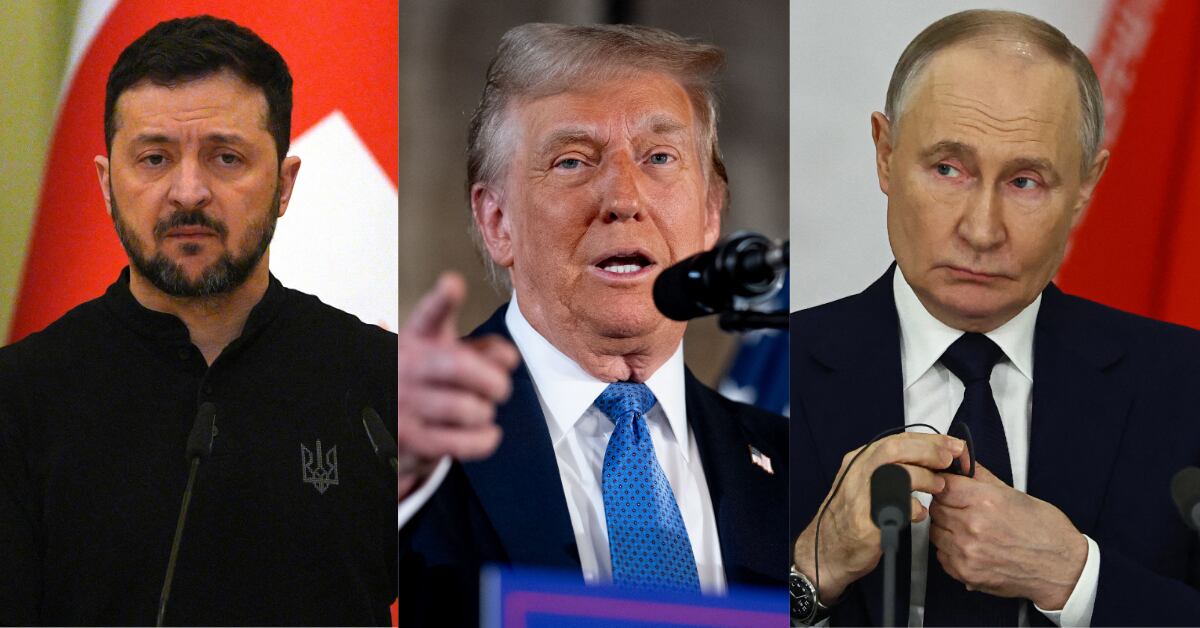 El próximo gobierno de Donald Trump (centro) enfrenta desafíos críticos en la guerra de Ucrania. Volodímir Zelenski (izq.), mandatario ucraniano, espera apoyo, mientras el gobierno de Putin aguarda una posición clara. Foto: AFP