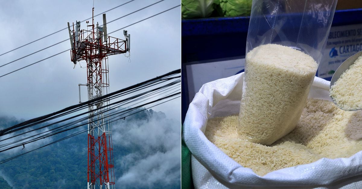 En la imagen, una torre de telefonía móvil y una bolsa de arroz, ambos productos que experimentaron variaciones en sus precios