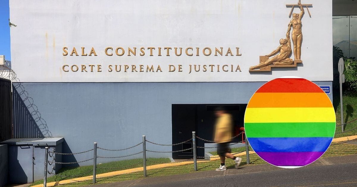 Una composición fotográfica. Al fondo, el edificio de la Sala Constitucional, en recuadro, la bandera de la diversidad sexual.