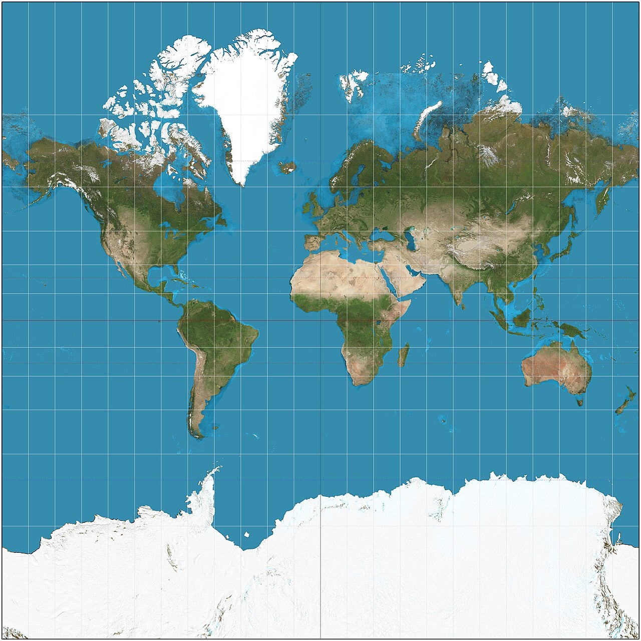 Proyección de Mercator del mundo entre los 85° S y 85° N. Nótese la comparación de tamaño entre Groenlandia y África, así como la enorme distorsión que aumenta el tamaño de la masa terrestre de la Antártida.