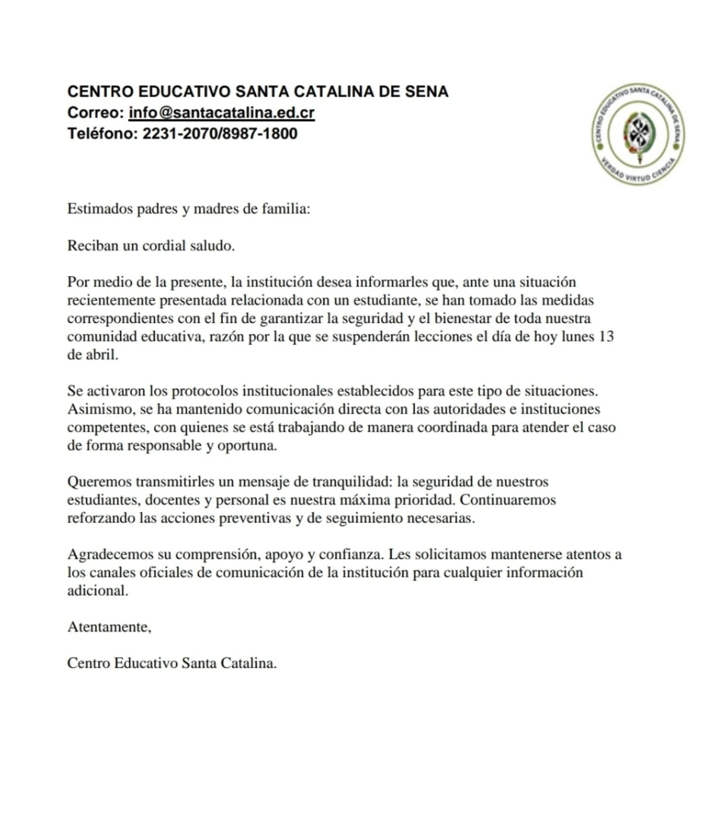 Colegio Santa Catalina emitió este comunicado tras la amenaza.