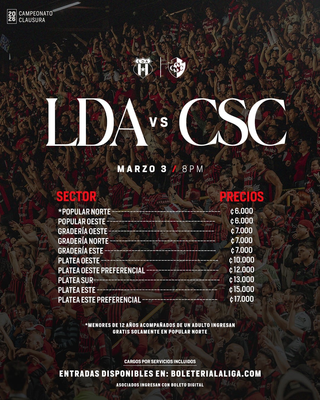 Estos son los precios de las entradas parael partido entre Liga Deportiva Alajuelense y Cartaginés.