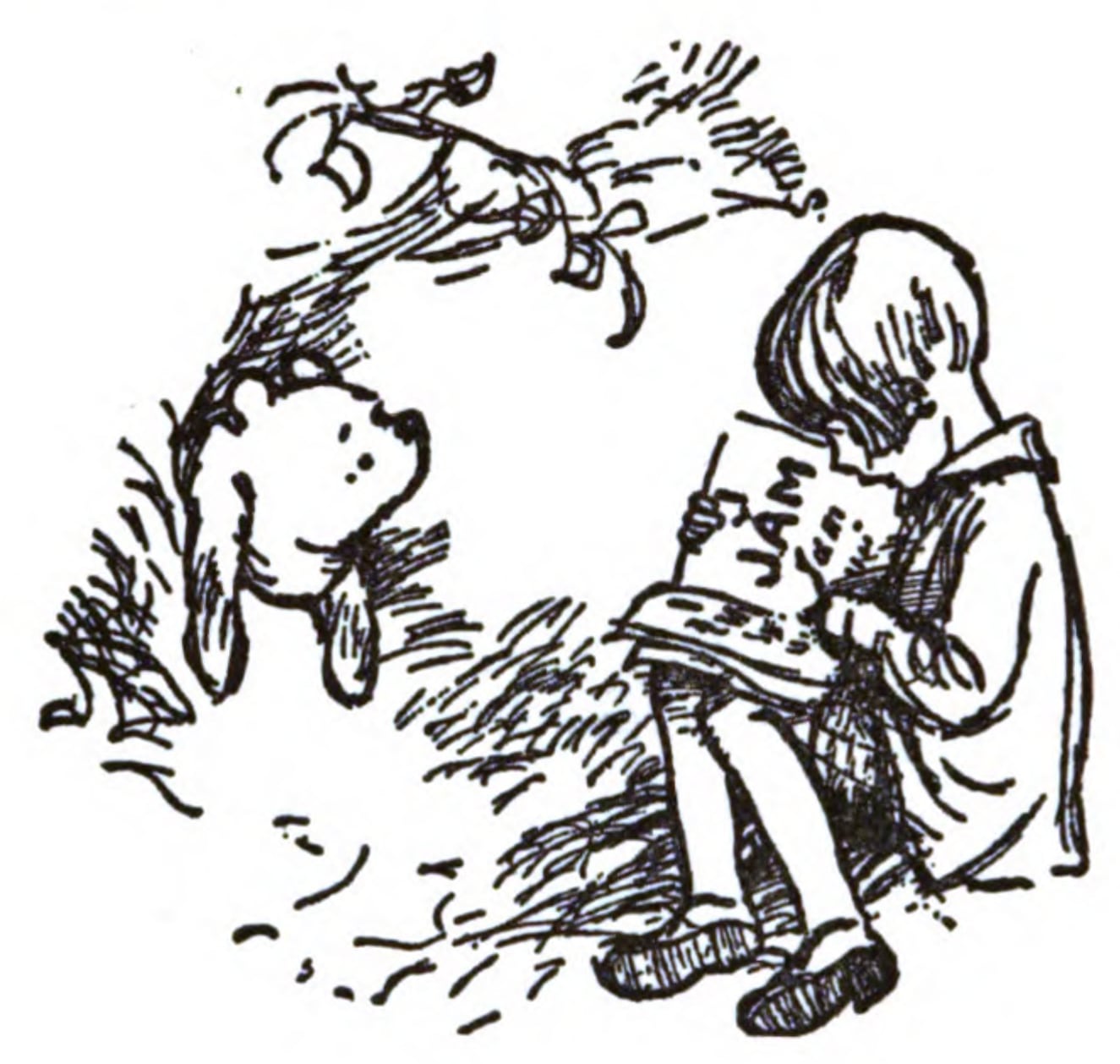 Pooh escuchando a Christopher Robin, Winnie-the-Pooh (1926); ilustración de E. H. Shepard.