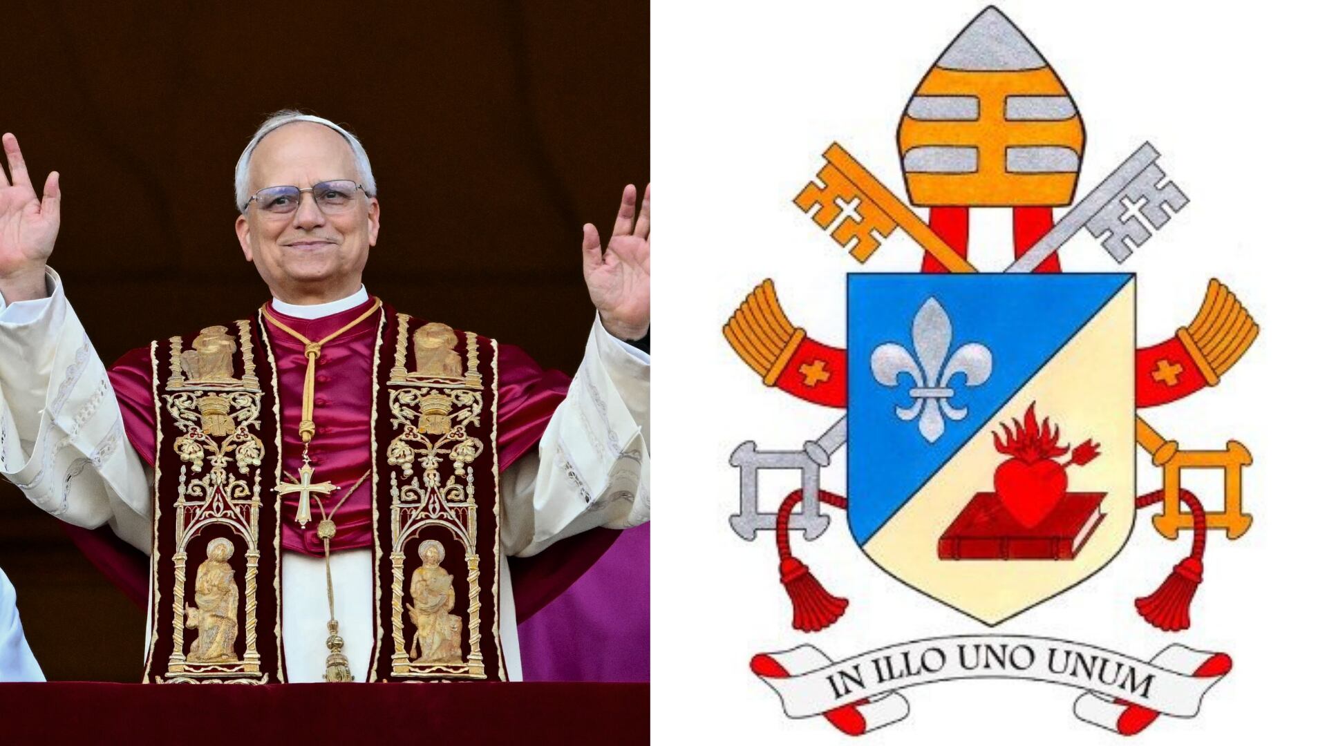 El escudo oficial del papa León XIV, elaborado por el padre Antonio Pompili, incluye un lirio mariano y un corazón agustiniano atravesado por una flecha, símbolos que reflejan la espiritualidad del pontífice. Fue presentado por la Santa Sede con el lema In Illo uno unum.