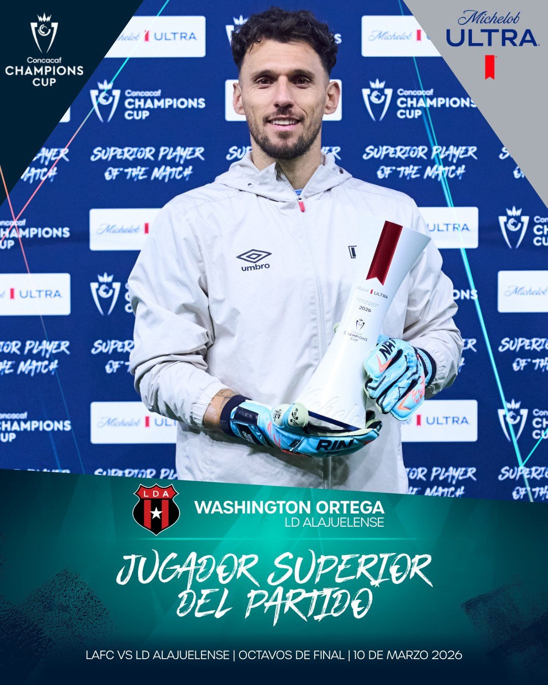 Concacaf declaró a Washington Ortega como el mejor jugador del partido entre LAFC y Liga Deportiva Alajuelense.