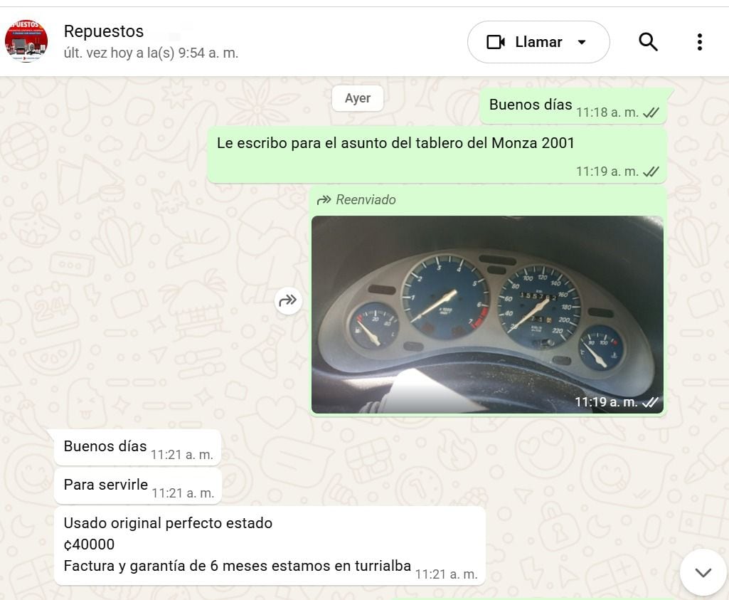 Esta es una conversación real vía WhatsApp, del supuesto estafador con una persona que buscaba un repuesto.