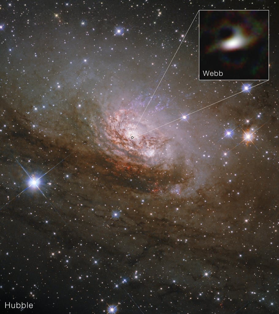 Esta imagen del Telescopio Espacial Hubble de la NASA muestra la galaxia Circinus. Un primer plano de su núcleo, tomado por el Telescopio Espacial James Webb de la NASA, muestra la cara interna del agujero del disco de gas en forma de rosquilla brillando en luz infrarroja. El anillo exterior se presenta como manchas oscuras.