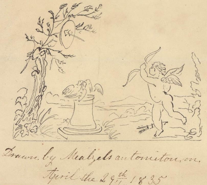 Dibujo de Cupido realizado por el autómata el 29 de abril de 1835, por Maelzel's Juvenile Artist.