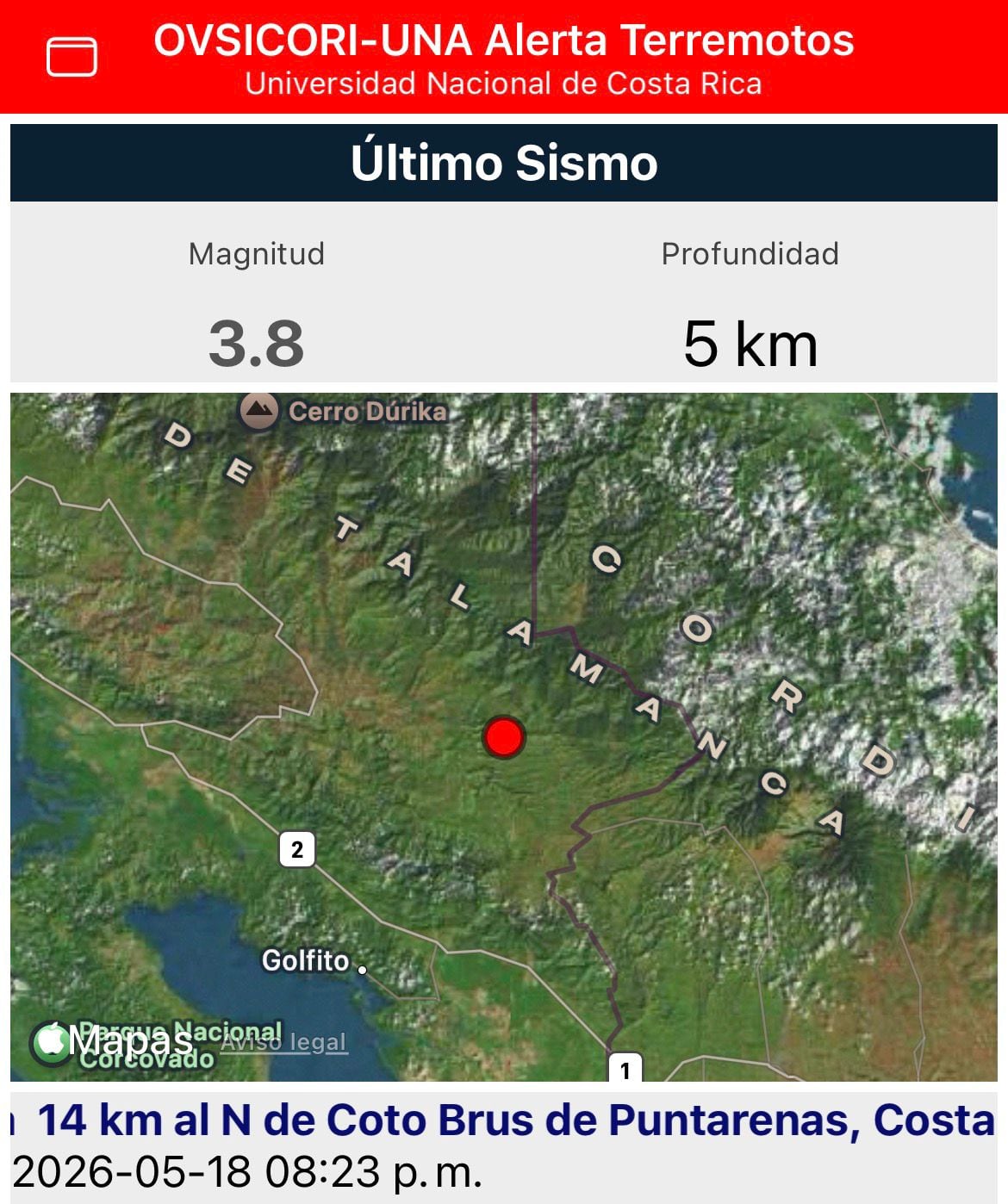Temblor con epicentro en Coto Brus.
