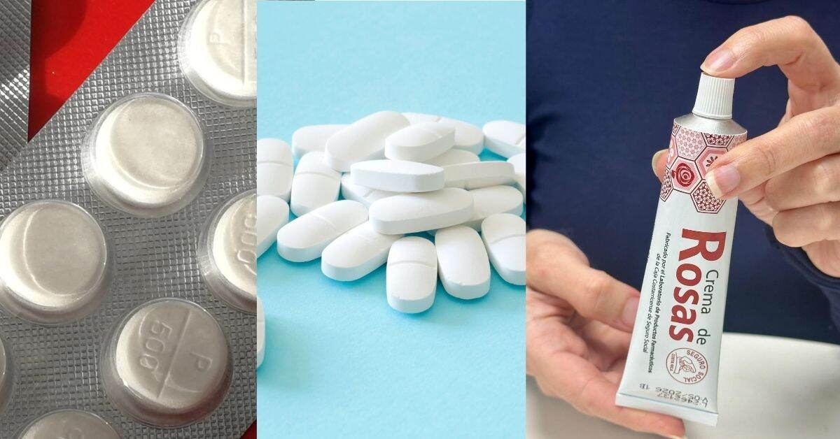 Una composición fotográfica con tres medicamentos. A la izquierda, paracetamol; al centro, ibuprofeno, y
a la derecha, crema de rosas.