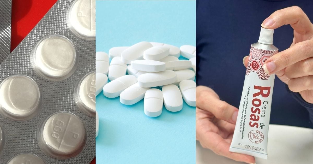 Una composición fotográfica con tres medicamentos. A la izquierda, paracetamol; al centro, ibuprofeno, y
a la derecha, crema de rosas.