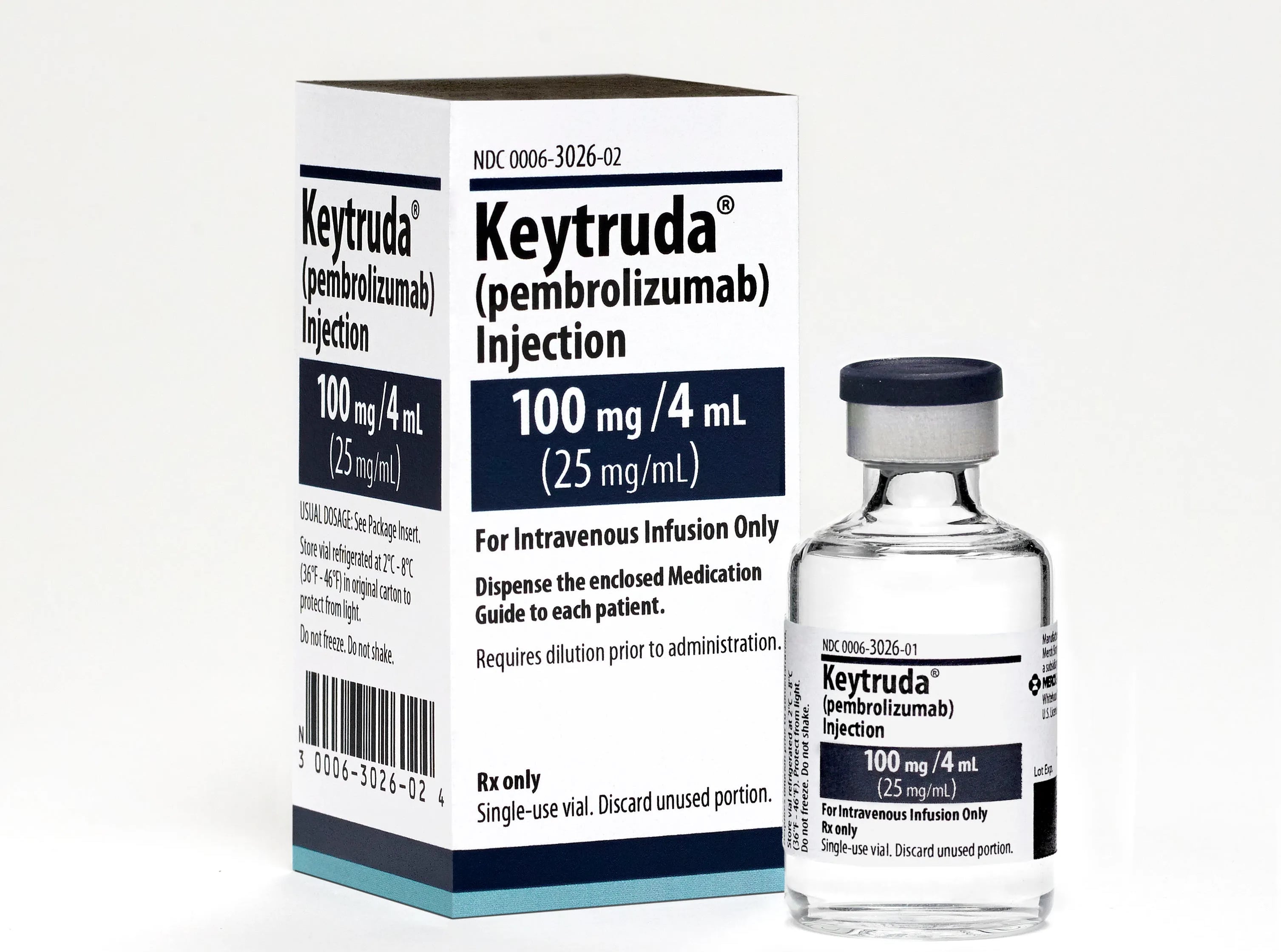 Un frasco de Keytruda (pembrolizumab) de 100 miligramos. Por este medicamento, pacientes con cáncer avanzado en Costa Rica han esperado meses entre comités, rechazos, recursos de amparo y órdenes judiciales incumplidas.