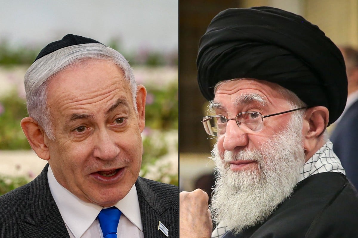 (COMBO) This combination of pictures created on June 18, 2025 shows (L to R) Israel's Prime Minister Benjamin Netanyahu speaking during a state memorial ceremony in Tel Aviv on June 18, 2024; and a handout picture provided by the office of Iran's Supreme Leader Ayatollah Ali Khamenei showing him during a meeting with politicians and government officials in Tehran on April 3, 2024. (Photo by Shaul GOLAN / various sources / AFP) / RESTRICTED TO EDITORIAL USE - MANDATORY CREDIT "AFP PHOTO / HO / KHAMENEI.IR" - NO MARKETING NO ADVERTISING CAMPAIGNS - DISTRIBUTED AS A SERVICE TO CLIENTS