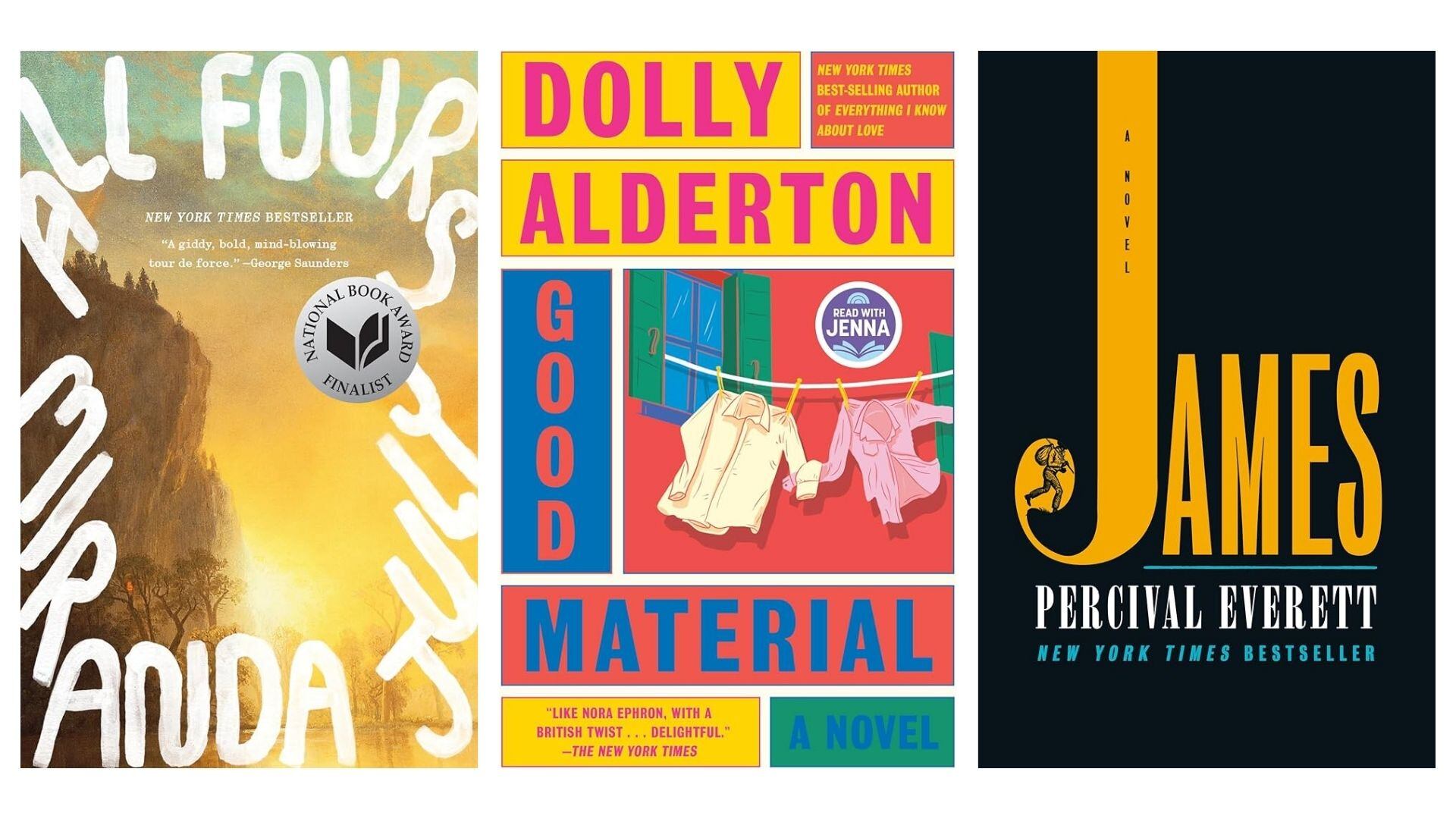 Portadas de los libros de ficción 'All Fours', 'Good Material' y 'James'.