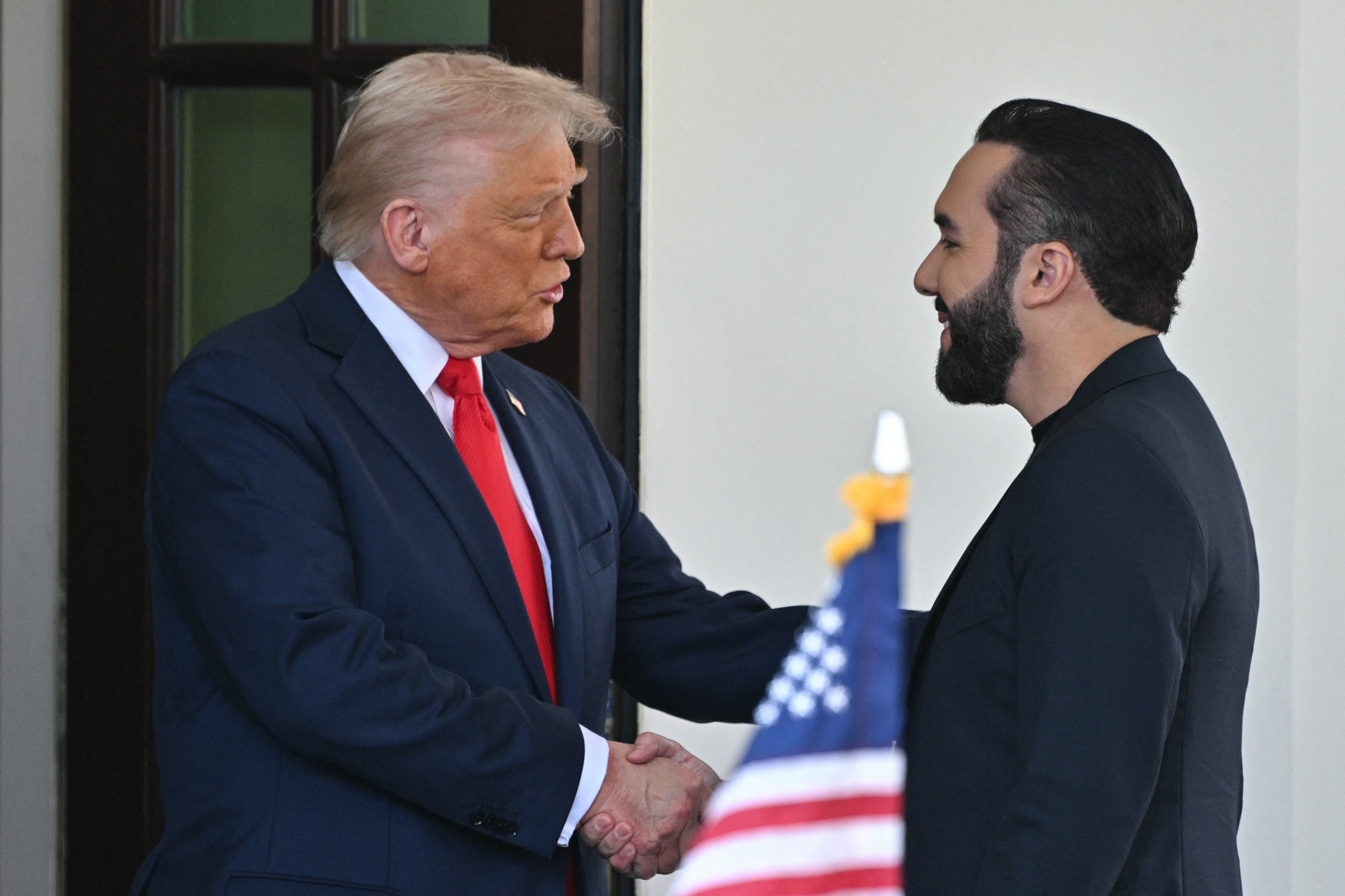 US President Donald Trump meets with El Salvador's President Nayib Bukele in the Oval Office of the White House in Washington, DC, April 14, 2025. Trump on Monday hosted El Salvador's President Nayib Bukele, the self-described "world's coolest dictator" who is now the US leader's key ally in a controversial push to deport illegal migrants to a notorious Salvadoran prison. The meeting comes as the White House faces pressure over the case of a father who was mistakenly deported to the jail in the Central American country -- whose return a US court has ordered the Trump adminstration to facilitate (Photo by Brendan SMIALOWSKI / AFP)